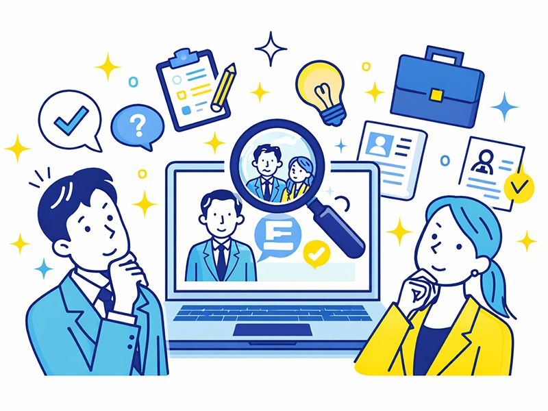 キャリコンサーチとは何かを示すイラスト。就活生や転職希望者がキャリアコンサルタント名簿を検索システムで確認し、相談先を主体的に探している様子