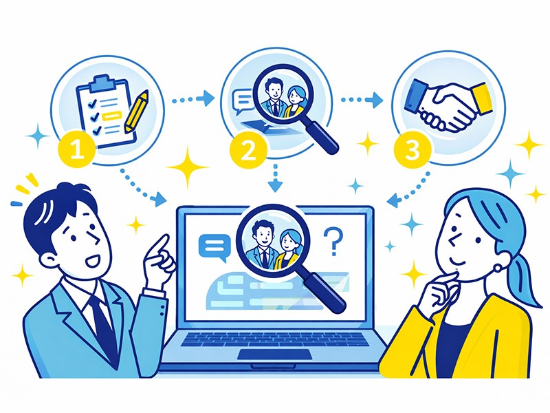 キャリコンサーチの検索システムを使い、就活生や転職希望者がキャリアコンサルタントを探しながら相談内容を整理し、段階的に活用している様子を表したイラスト