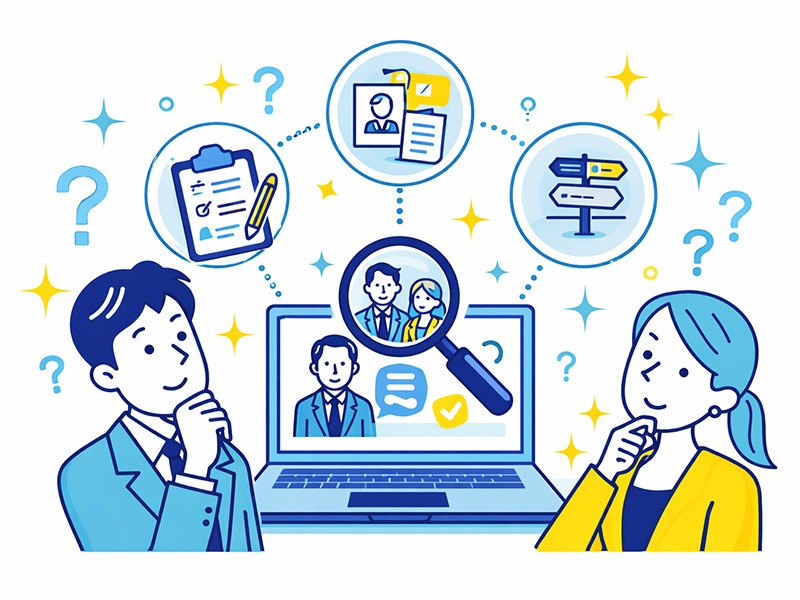 キャリコンサーチで就活生や転職希望者が悩みに応じてキャリアコンサルタントを検索し、キャリア相談や応募書類、面接対策につなげている様子を表したイラスト