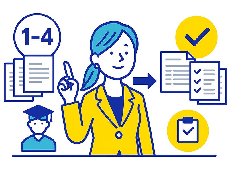 ジョブカードとはの様式1〜4と補助書式の違いを表すイラスト。利用目的に合わせて書式を選ぶイメージ。