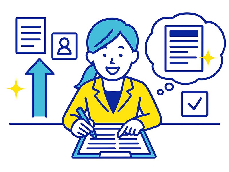 ジョブカードの書き方手順と記入例をイメージしたイラスト。書類作成の流れを整理する様子を表現。