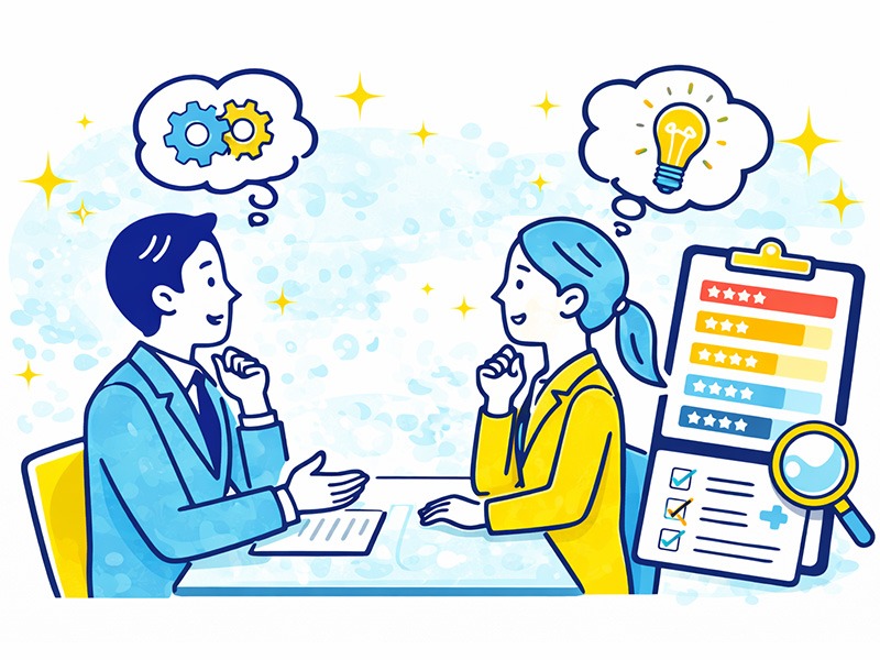 対話を重ねながら強みを引き出す伴走型の有料面接練習サービスのイメージイラスト。国家資格キャリアコンサルタントが1対1で面接練習を行い、フィードバックを通じて面接力を高めている様子。