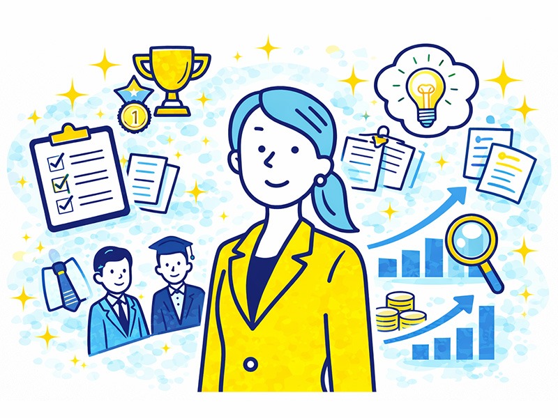 10年以上の有料面接練習実績を持つ面接対策サービスのイメージイラスト。国家資格キャリアコンサルタントが、学生から社会人まで幅広い層の面接支援を行い、豊富な実績と知見を活かしてサポートしている様子を表現。