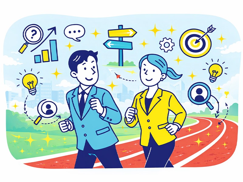 有料キャリア相談で転職を前提にせず、伴走型キャリア相談としてスーツ姿の男女が並走しながら自己理解と働き方の方向性を整理しているイメージ