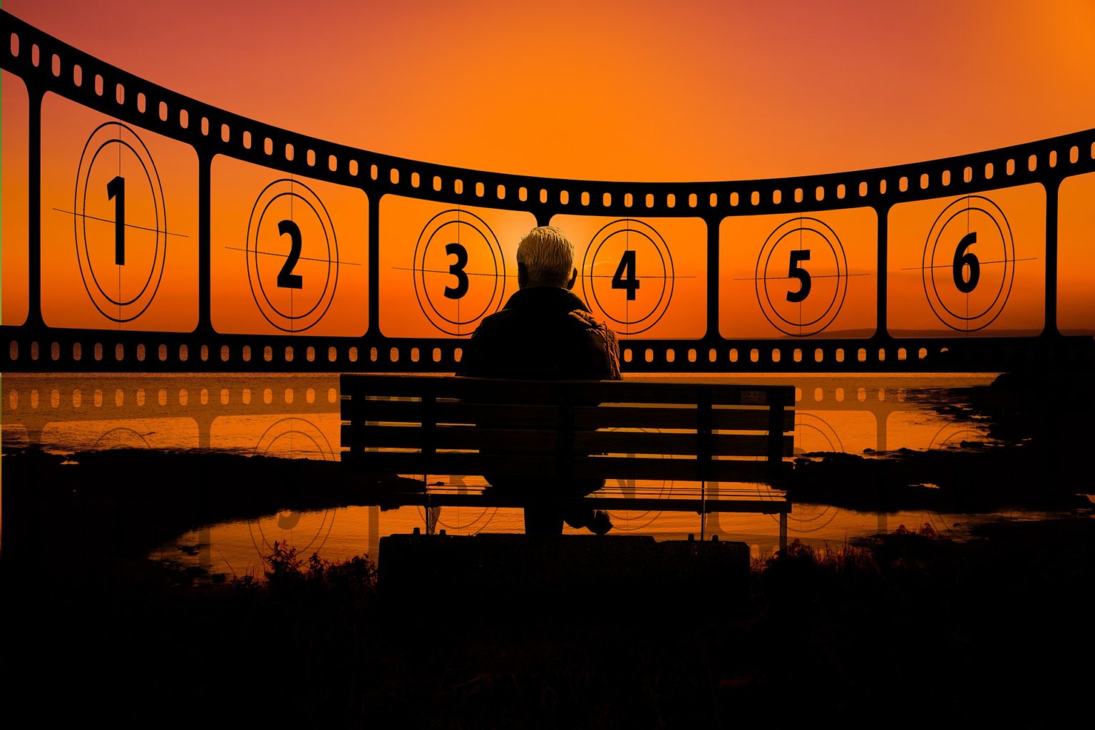 フィルムを眺めるベンチの男性