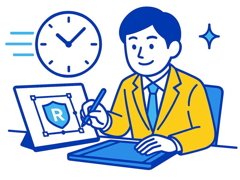 ロゴ作成依頼のスピード対応をする男性デザイナーのイラスト