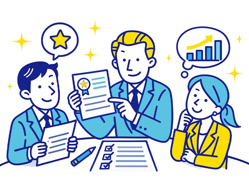 転職の企業研究で志望理由と貢献イメージを整理する様子を描いたイラスト（企業研究・企業分析）