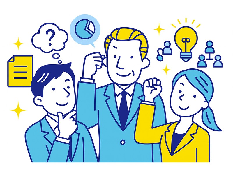 転職の企業研究で企業理解を深めるイメージとして、複数のビジネスパーソンが分析を進める様子を描いた図