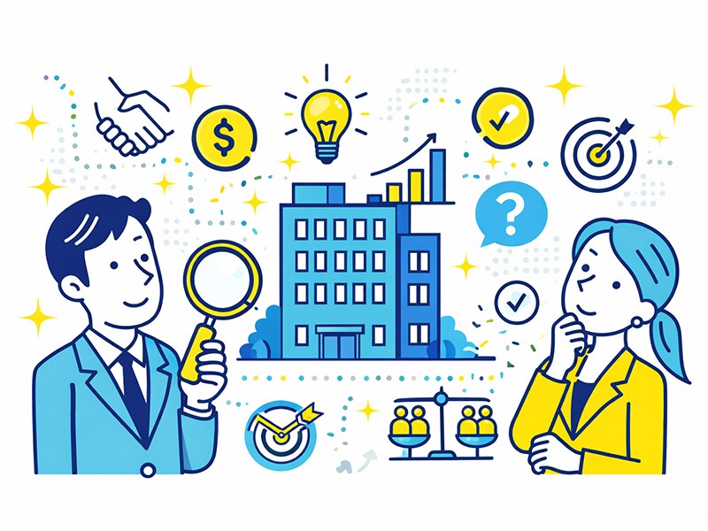 転職の企業研究・企業分析の重要性を表すイラスト。男女が企業を分析し、アイコンを使って判断材料を整理している様子