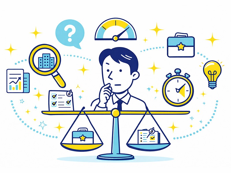 転職の企業研究はどこまでやるべきかを考えるイラスト。企業研究の深さや時間配分を整理し、転職判断に必要な情報を見極める様子。