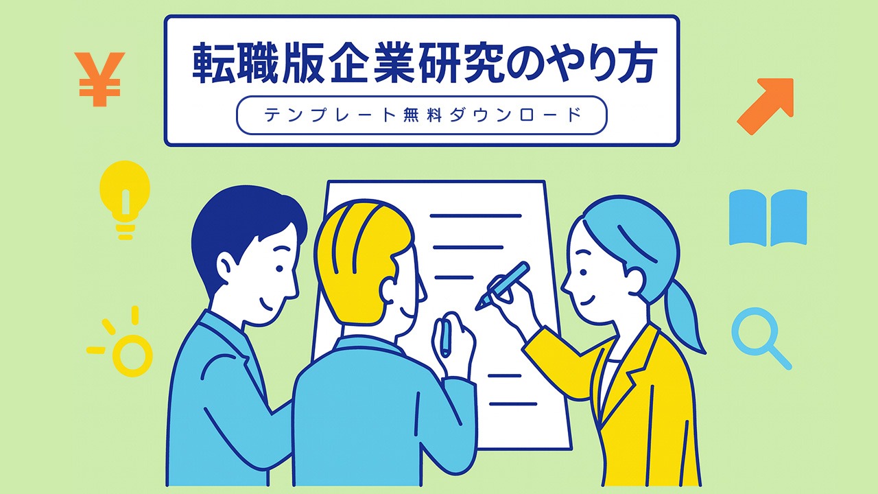 転職版企業研究のやり方を解説するイラスト。3人の社員が大きなシートに書き込みながら企業分析を行う様子と無料テンプレート案内を表現した画像。