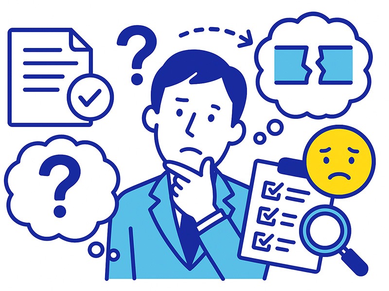 企業研究で浮かぶ疑問点やギャップを整理するプロセスを示したイラスト。公式情報と口コミの差、働き方の不安点を可視化して面接で確認すべき論点をまとめるイメージ。