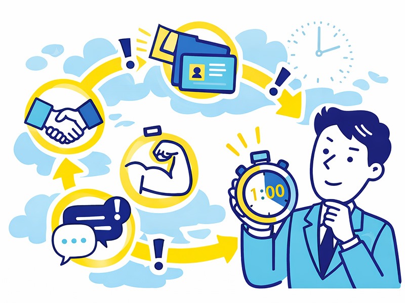 面接の自己紹介を1分でまとめるために、話す順番と項目を整理して構成を固定化する考え方を表したイラスト｜面接 自己紹介 1分