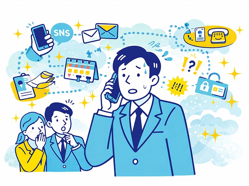 在職中の転職活動がバレる原因をイメージしたイラスト｜SNSや社内の噂・情報管理ミスによる発覚リスク