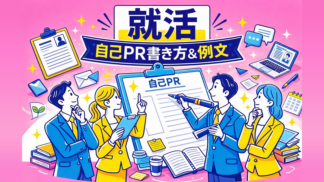 就活で自己PRの書き方や例文を考える就活生たちを描いたイラスト