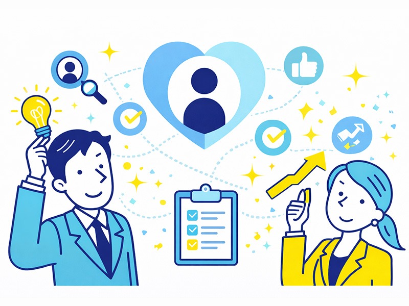 就活における自己PRの評価軸をイメージしたイラスト｜企業が自己PRから人物理解と成長可能性を判断する視点