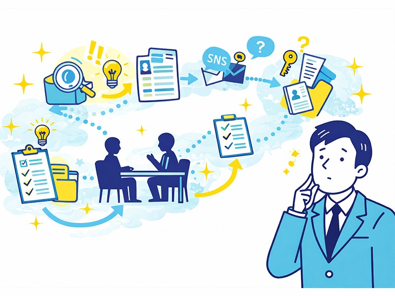 在職中の転職活動のやることと順番を整理するイラスト｜働きながら転職活動の進め方と準備の流れ