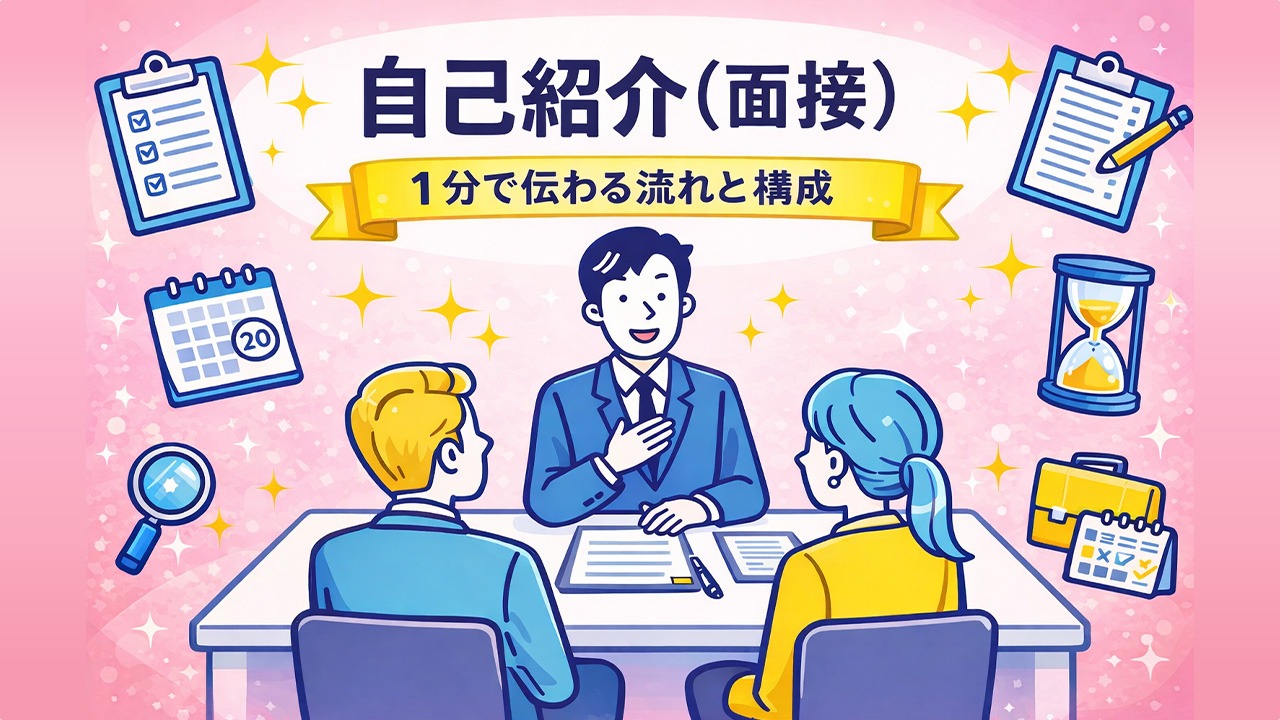 就活の面接で自己紹介を1分で伝える流れと構成を表したイラスト