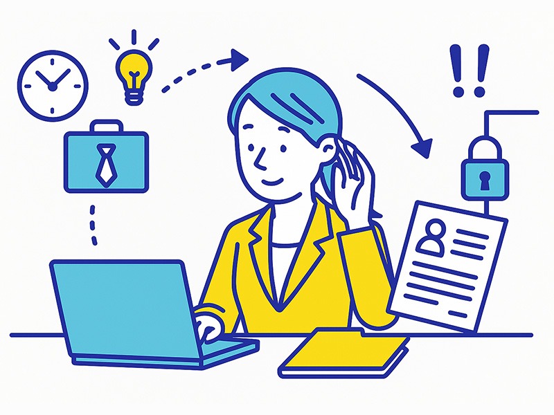 在職中に働きながら転職活動を進める様子を表したイラスト。パソコンで応募準備を進める社会人と、時間管理・情報管理・応募書類の工夫を象徴するアイコンを配置した構成。