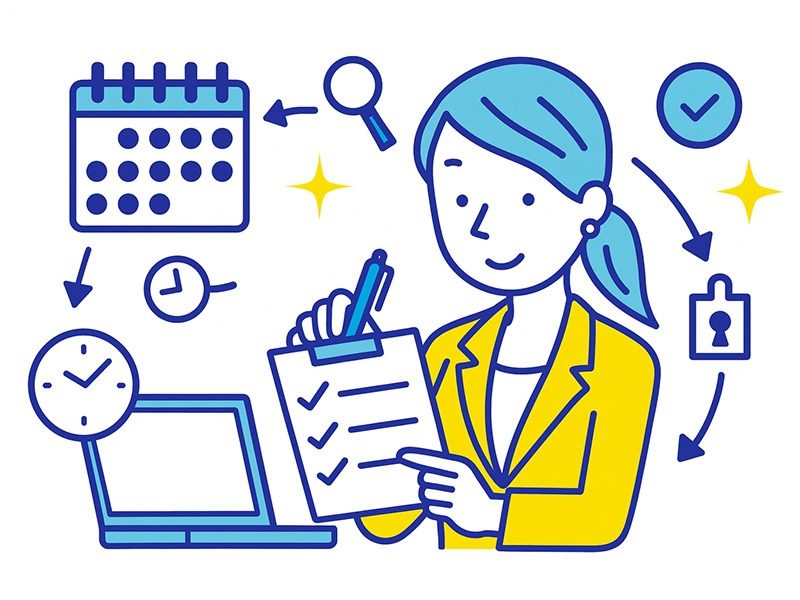 在職中の転職活動の全体像を整理するために、スケジュール管理や応募準備を進める社会人を描いたイラスト。カレンダーや時計、PCなどのアイコンを使い、働きながらの転職の流れを表現。