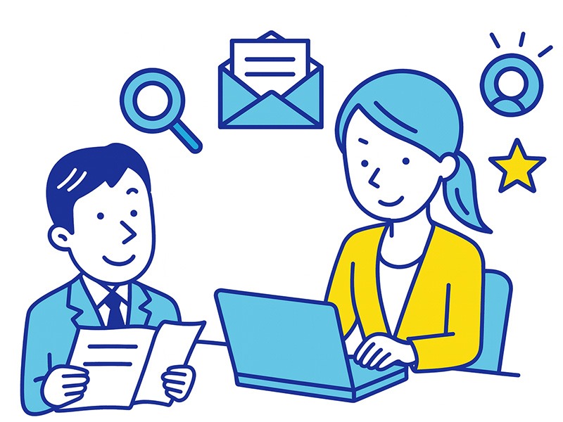 在職中の転職活動で企業研究・応募書類・面接対策を段階的に進める様子を表したイラスト。パソコン作業と書類確認、検索や応募を象徴する複数アイコンを組み合わせて、働きながら進める手順を表現。