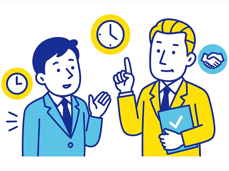 在職中の転職活動で退職を伝える最適なタイミングを検討する様子を表したイラスト。上司との相談場面と時計アイコン、書類やチェックマークなどのマークを配置し、慎重な判断の必要性を示した構成。