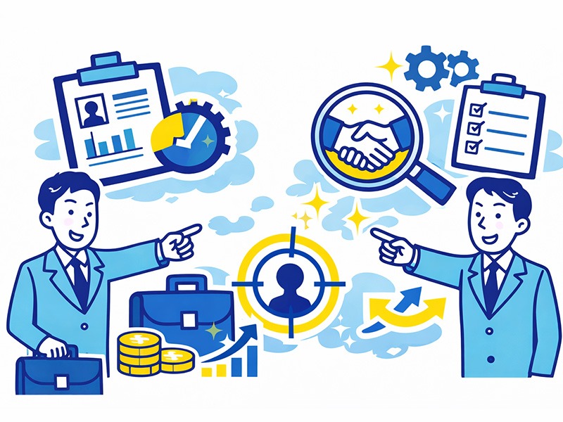 中途面接の自己紹介で、職務要約と即戦力性、再現性の評価軸を整理したイラスト｜面接 自己紹介 中途