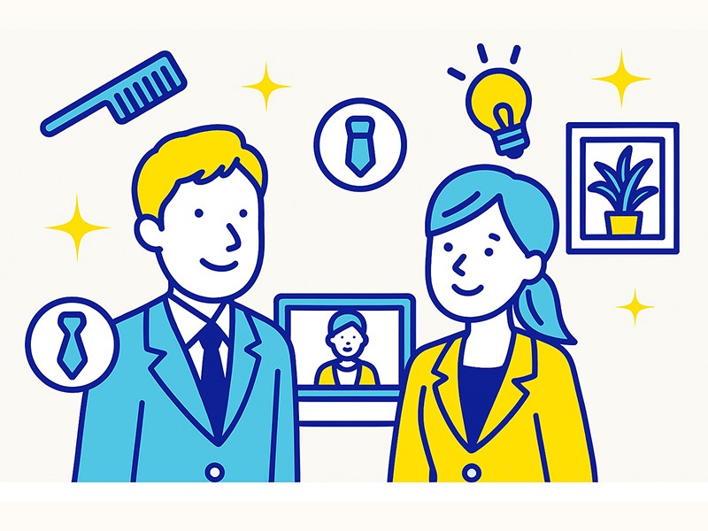 オンライン面接の服装・身だしなみ・背景の整え方を表現したイラスト。清潔感のあるスーツ姿でカメラ映りを確認する男女を描いたフラットデザイン。