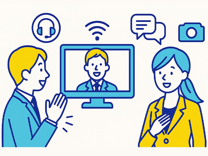 オンライン面接の基本と特徴を表現したイラスト。就活生と採用担当者が画面越しに挨拶を交わす姿を描いたフラットデザイン。
