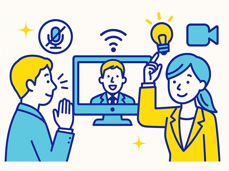 オンライン面接の事前準備と環境づくりを表現したイラスト。就活生がパソコン前でカメラやマイクを確認している様子を描いたフラットデザイン。