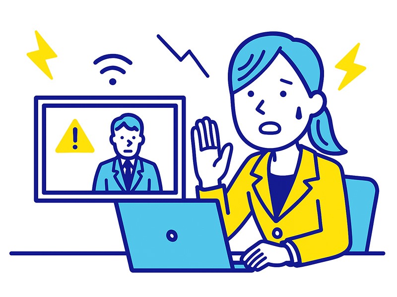 オンライン面接で通信トラブルに冷静に対応する就活生を描いたイラスト。画面越しに状況を伝える様子を表現した青と黄色のフラットデザイン。