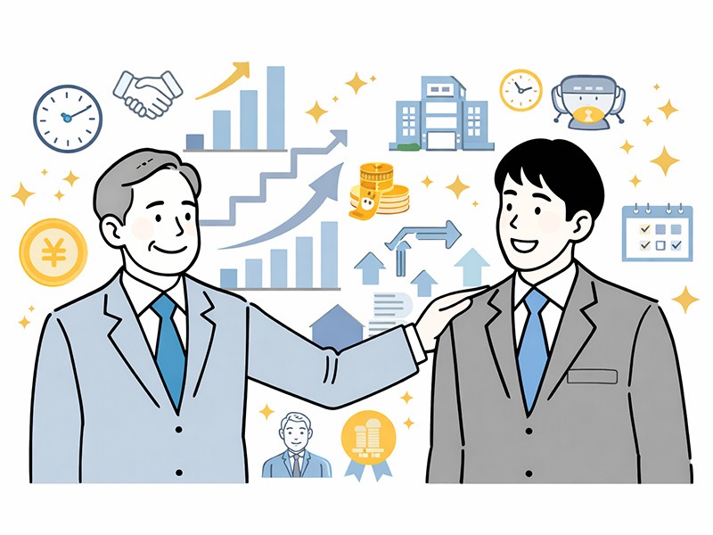 年功序列とは、勤続年数や年齢を評価基準として賃金や昇進が段階的に上がる人事評価制度を示すイメージイラスト