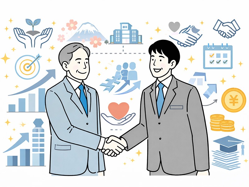 年功序列とは、企業と社員の長期的な関係性を前提に、経験の蓄積や継続的な貢献を重視する人事評価制度を表したイメージイラスト