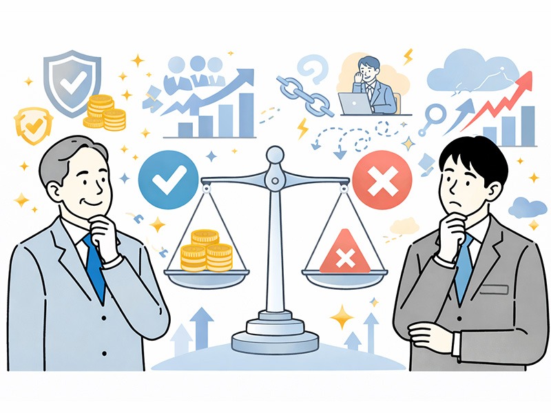 年功序列のメリットとデメリットを、企業運営の安定性や人事課題の両面から整理した人事評価制度のイメージイラスト