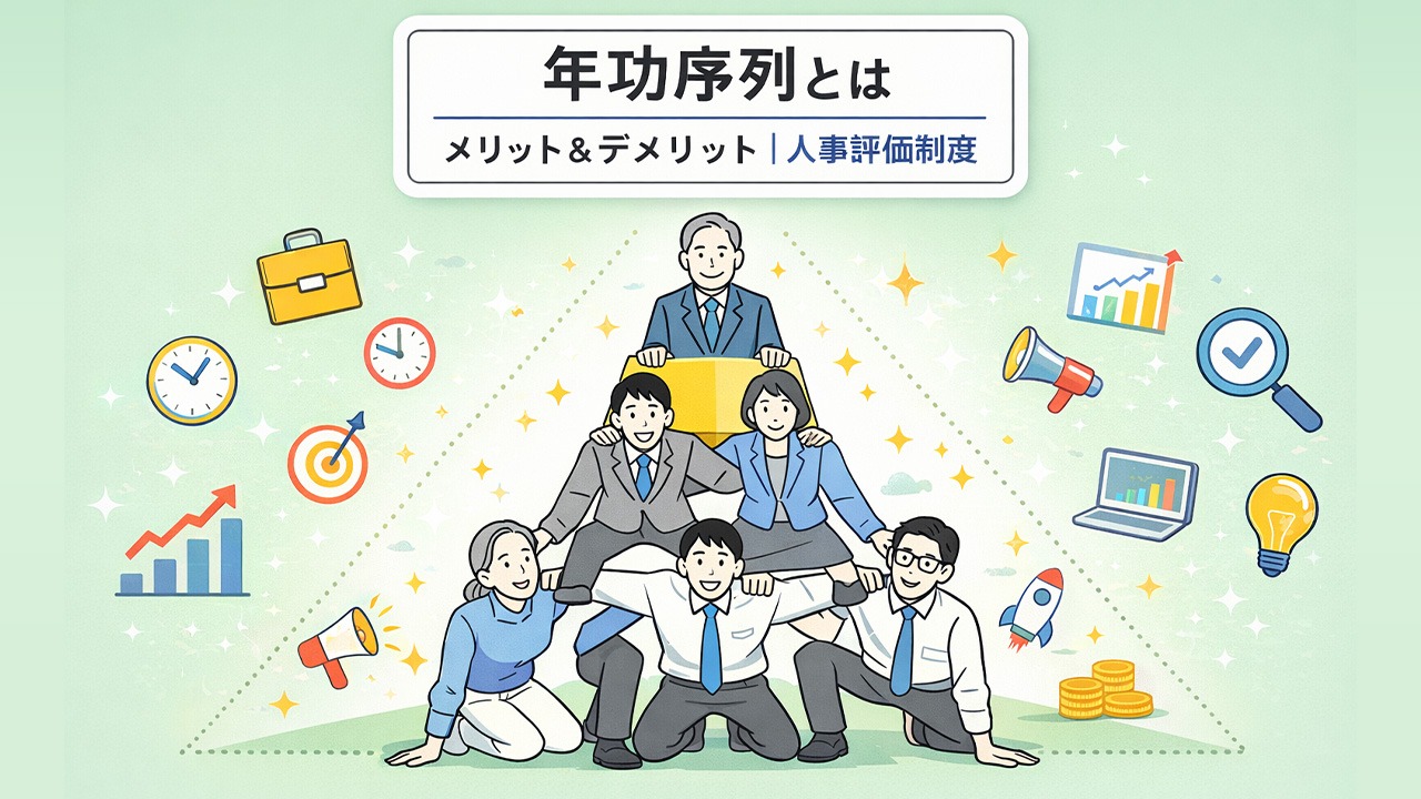 年功序列とは、勤続年数や年齢を基準に人がピラミッド状に配置される人事評価制度を表したイメージイラスト