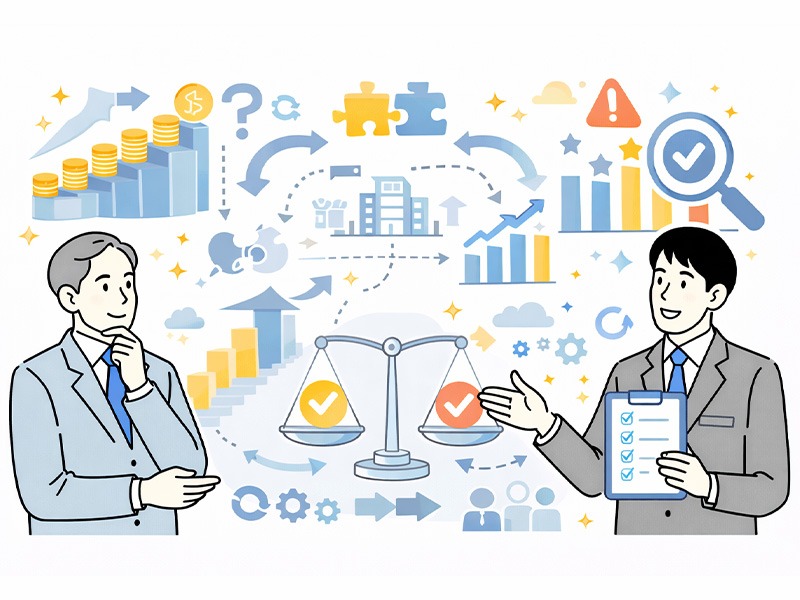 年功序列制度を見直す考え方として、自社の事業特性や人材構成に合わせて段階的に調整する人事評価制度を表したイメージイラスト