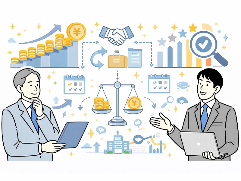 年功序列と賃金制度の関係を示し、勤続年数に応じて賃金が上昇する人事評価制度の考え方を表したイメージイラスト