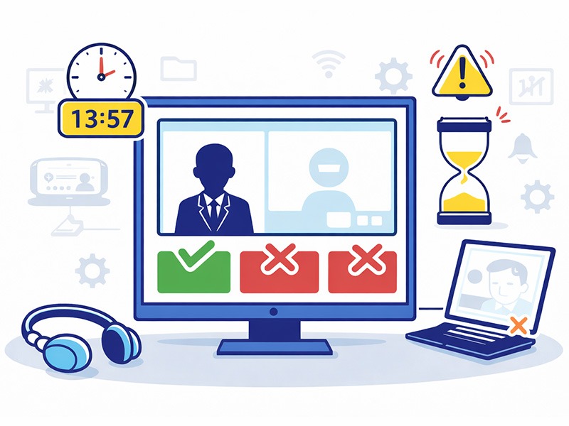 オンライン面接の入室タイミングや基本マナーを示すWEB面接の注意点イラスト