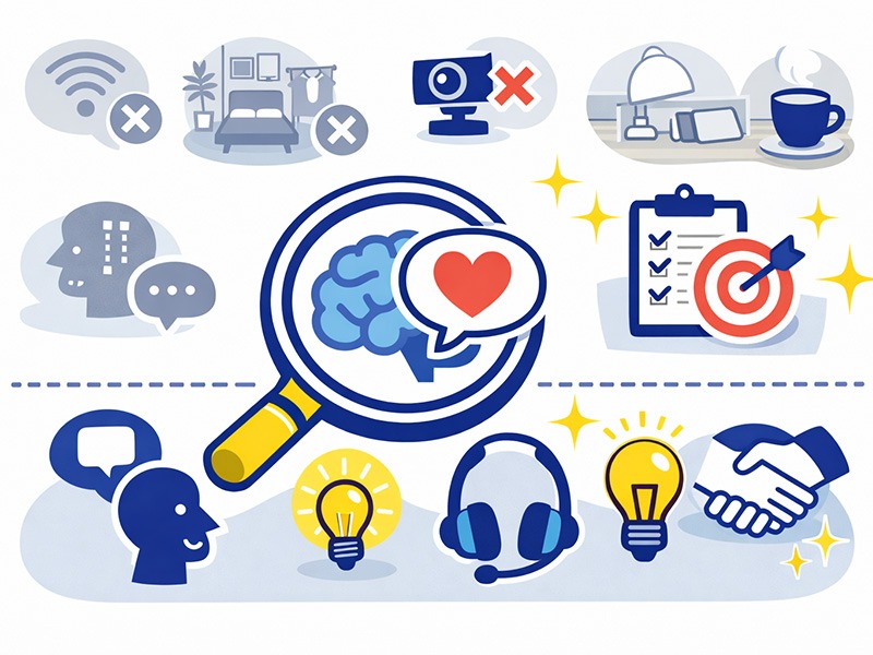 オンライン面接で評価される本質的なポイントを示すWEB面接の重要要素イラスト