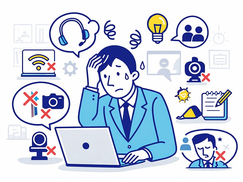 WEB面接の注意点として、通信トラブルや視線・環境要因に不安を感じる応募者を描いたイラスト