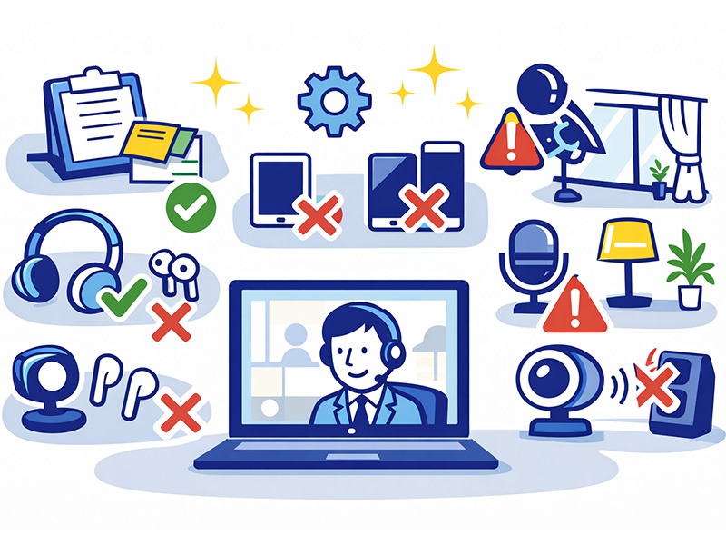 WEB面接でのカンペ利用やデバイス選択などオンライン面接の環境設定ポイントを示したイラスト