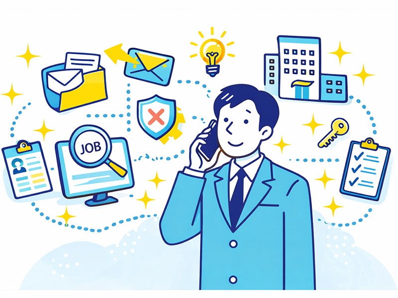 在職中の転職活動を進める男性のイラスト｜働きながら転職活動・法律上の問題や注意点を整理するイメージ