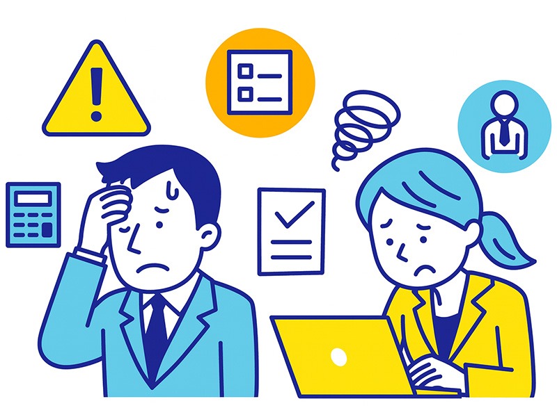在職中転職の失敗例をイメージしたイラスト。時間不足や準備不足で悩む男女のビジネスパーソンと複数の警告アイコンを配置。