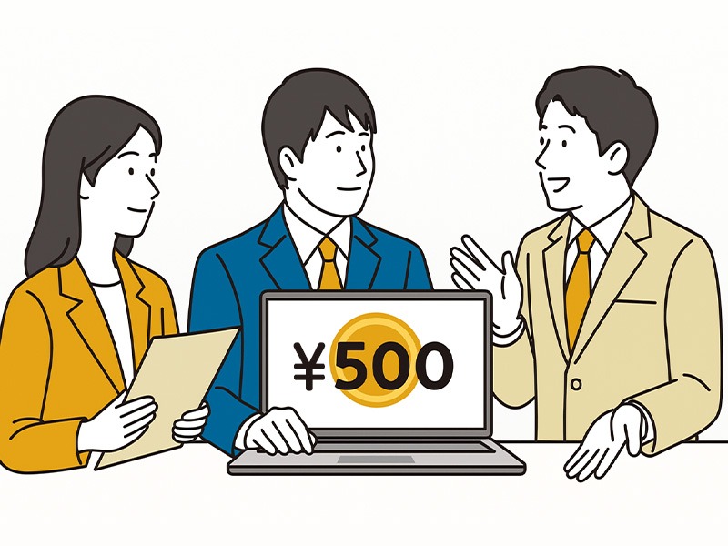 1通500円から利用できる格安スカウト代行サービスのイメージイラスト（コストを抑えた採用戦略の打ち合わせ）