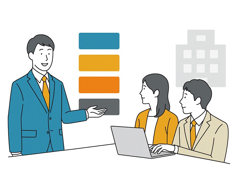 採用代行サービスの4つのプランを比較するシーンのイラスト。ライトプランからプレミアムプランまで柔軟に選べるRPOサービスを表現。