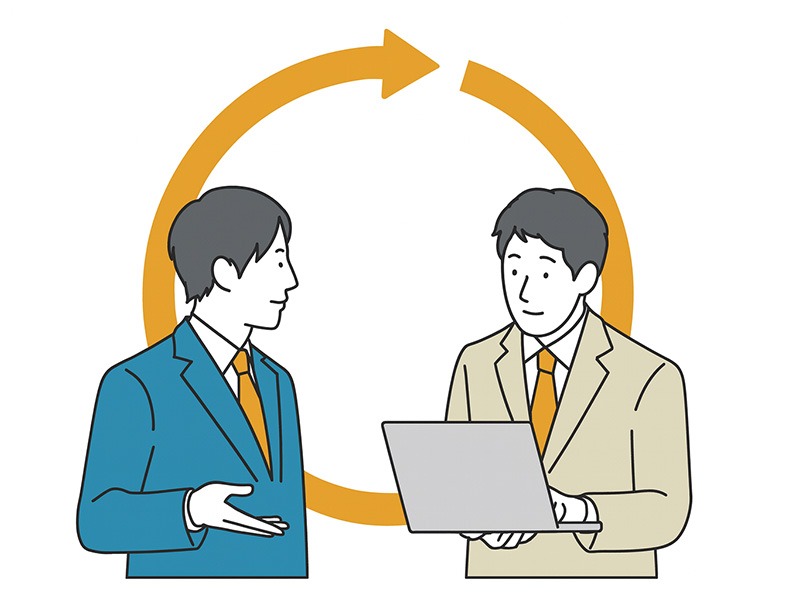 採用代行サービスのリピート率8割超を象徴するサイクルイメージ。継続的な改善と成果検証を重ねるRPOサービスの仕組みを表現したフラットイラスト。