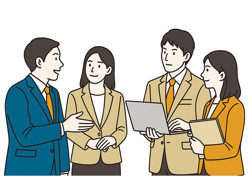 採用代行サービスのプロが企業担当者と採用戦略を相談しているイラスト。RPOサービスによる採用支援の打ち合わせ風景。