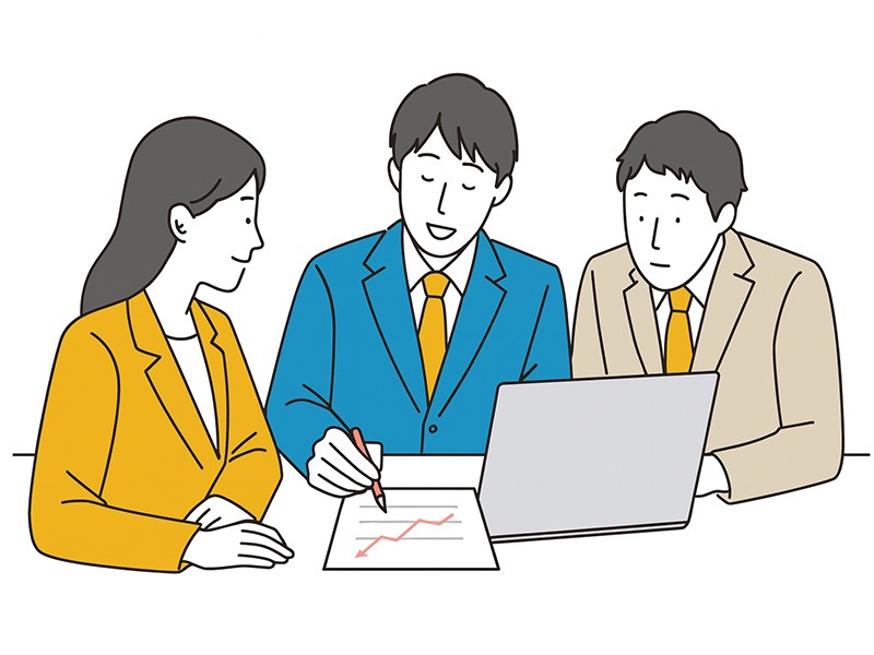 スカウト代行サービスのリピート率8割超をイメージした成果共有の打ち合わせシーンのイラスト