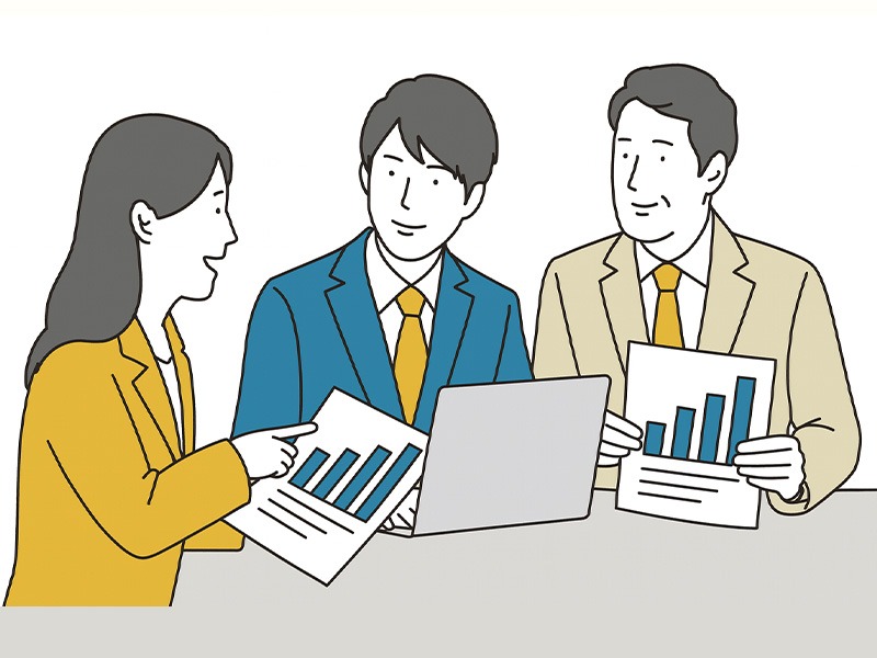 バイトルNEXT正規代理店としての実績とデータを活用し、反響と応募数を高める戦略を検討するビジネスシーンのイラスト