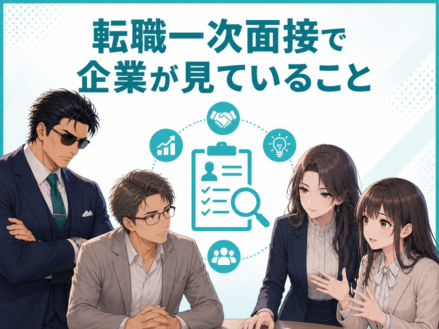 転職の一次面接で企業が何を見てるのかを解説するイメージ画像。中途採用で評価される人柄や入社意欲、経験・スキル、二次面接・最終面接との違いを紹介